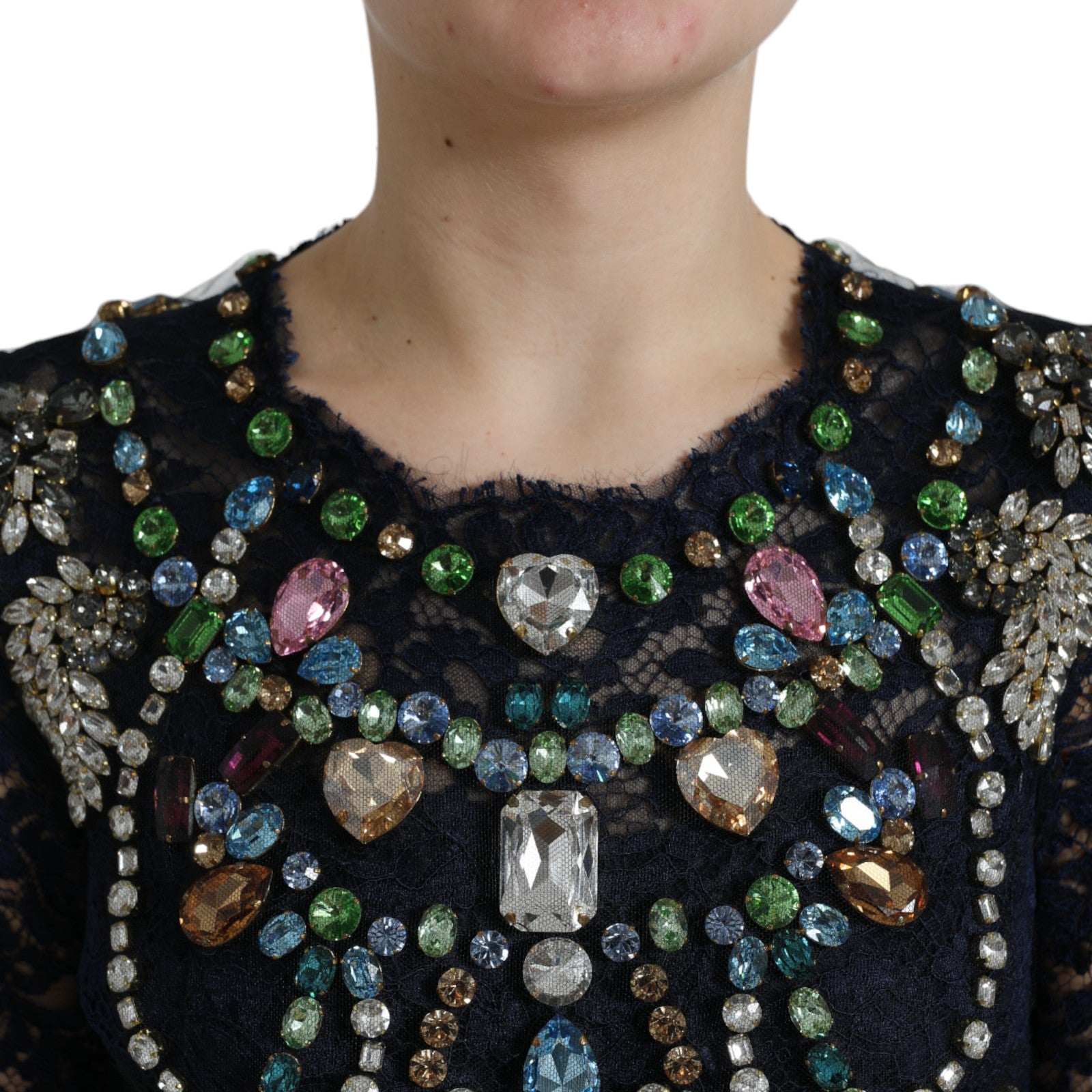 Multicolor Crystal-Embellished Lace Gown — Black
