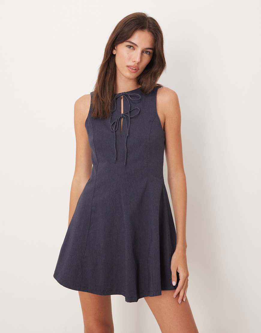 Tie detail fit and flare mini shift dress in blue