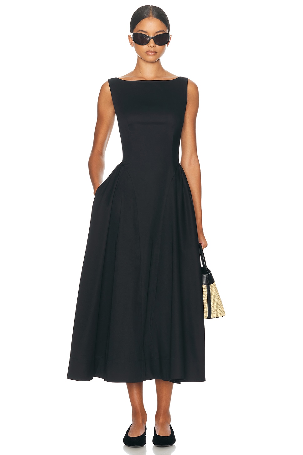 Helsa Stretch Cotton Sateen Midi Dress in Black - Black. XXS also in