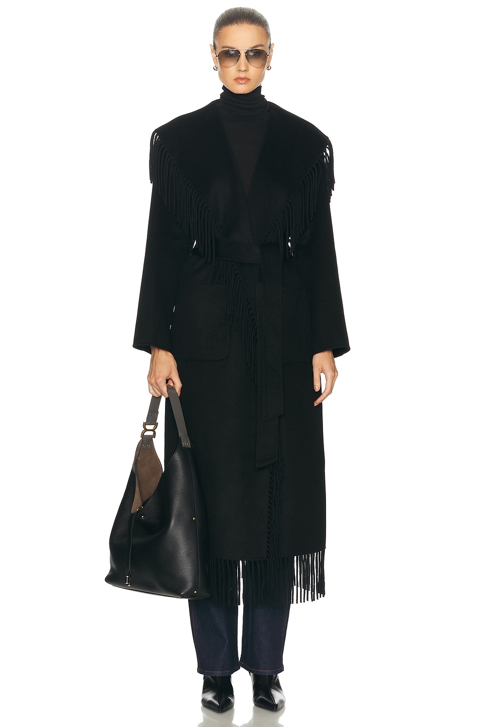 SIMKHAI Carrie Fringe Robe Coat in Black. - L also in
