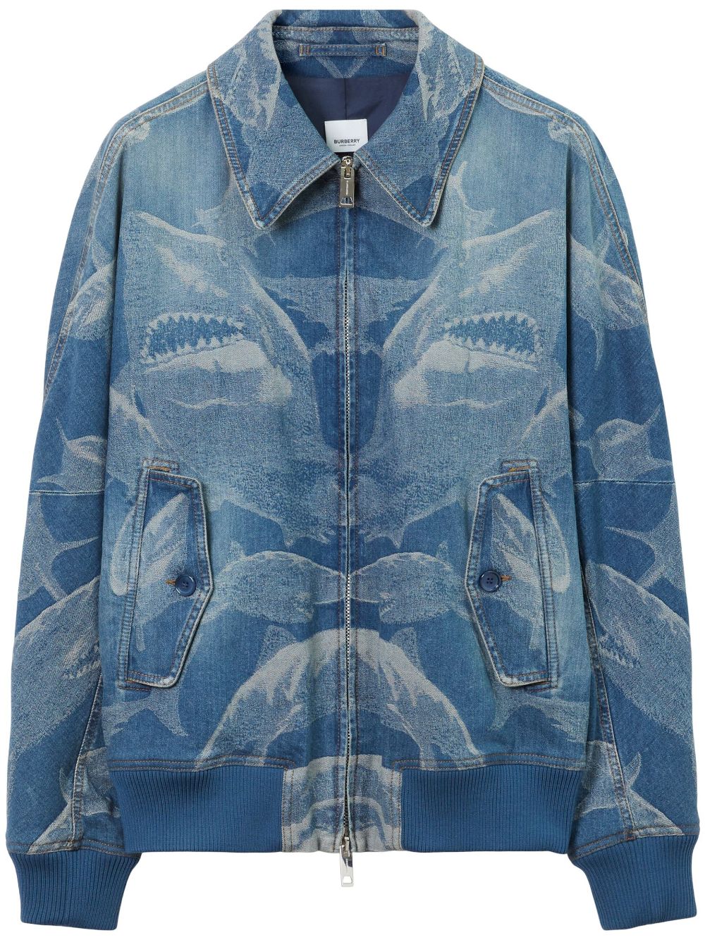 Shark-print denim bomber jacket - Blue