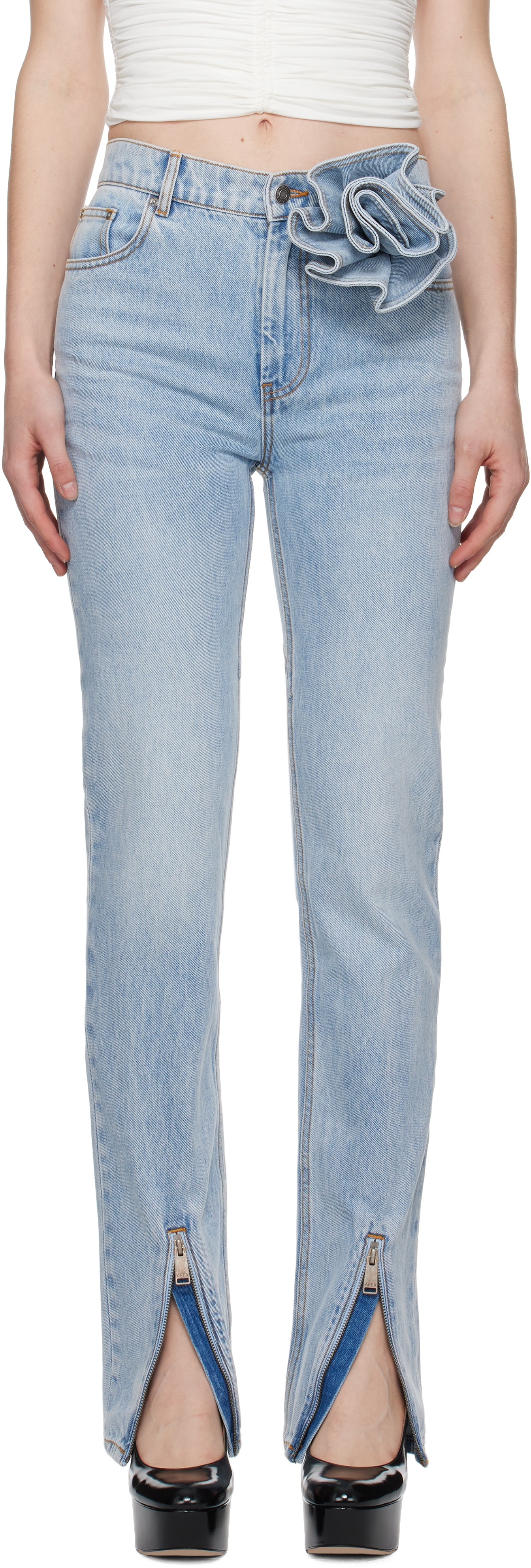 AREA Blue Flower Corsage Ankle Zip Jeans