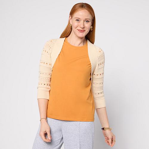 WynneLayers Open Stitch 4-Sleeve Please Shrug - Tan
