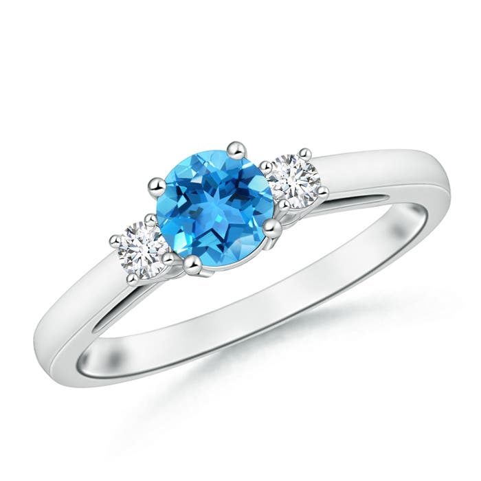 Angara 0.95 Carat Round Swiss Blue Topaz & Diamond Three Stone Engagement Ring in Platinum