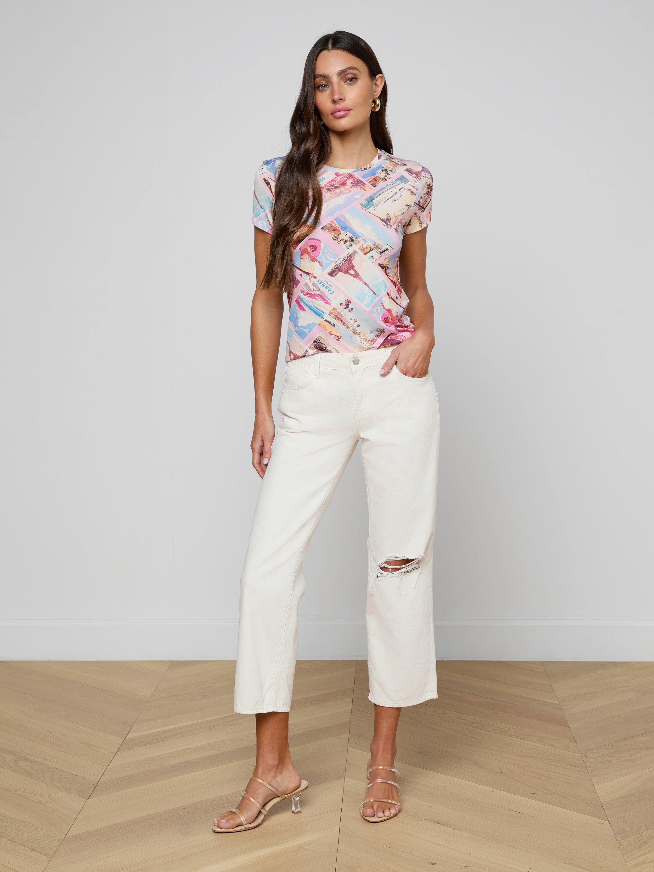 Ressi Fitted T-Shirt In Light Pink Multi Postcard Print
