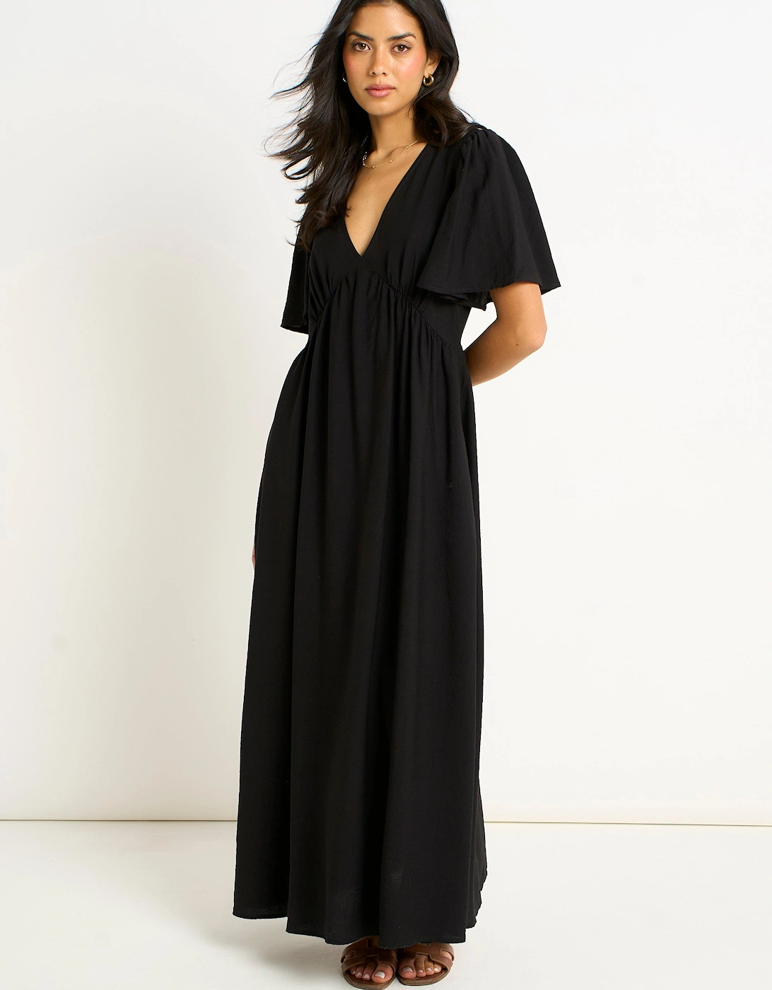 Gini London Women's Black V Neck Angel Sleeves Skater Maxi Dre