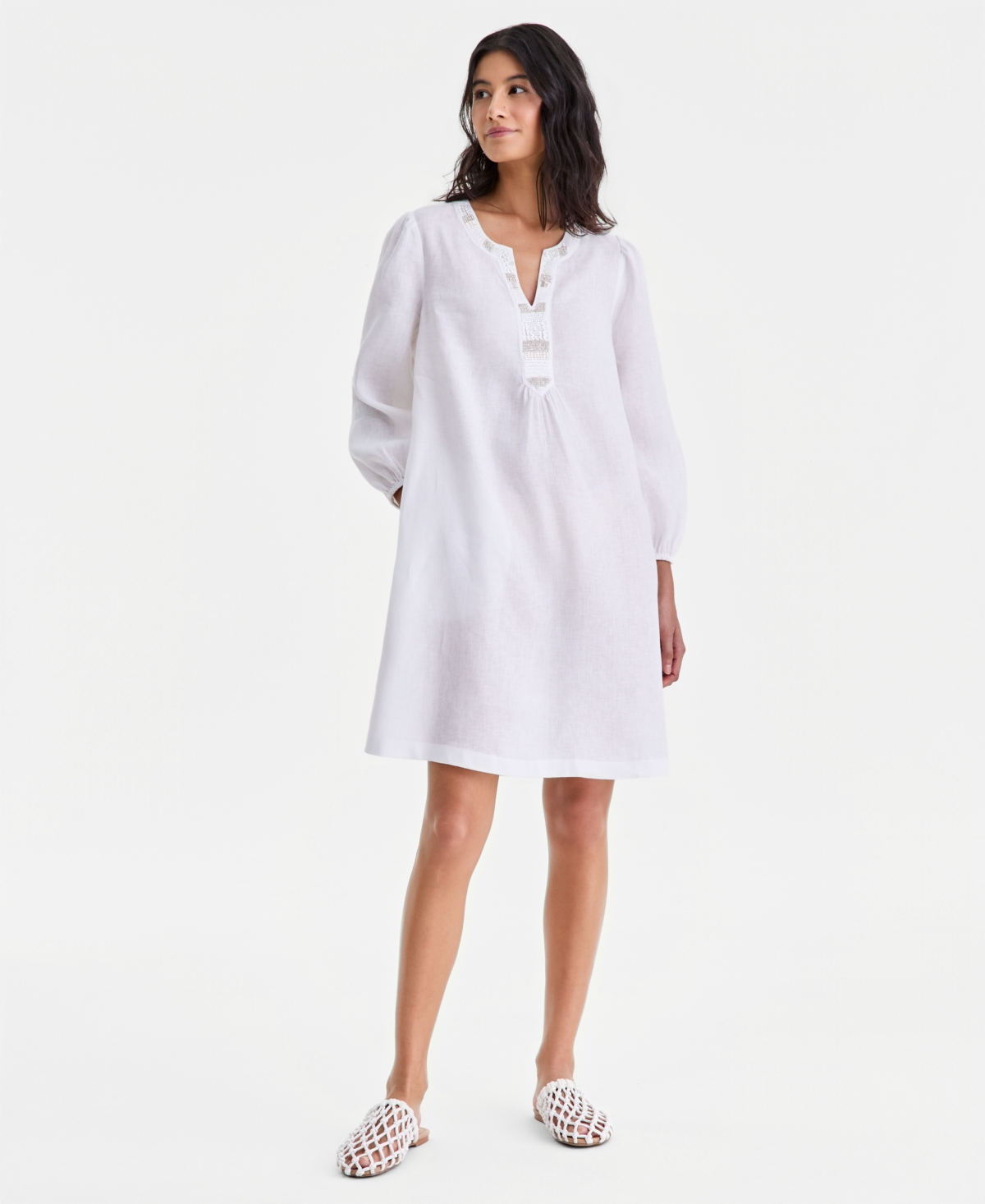 Women's 100% Linen Embellished Split-Neck Dress, Macy's Exclusive - Bright White
