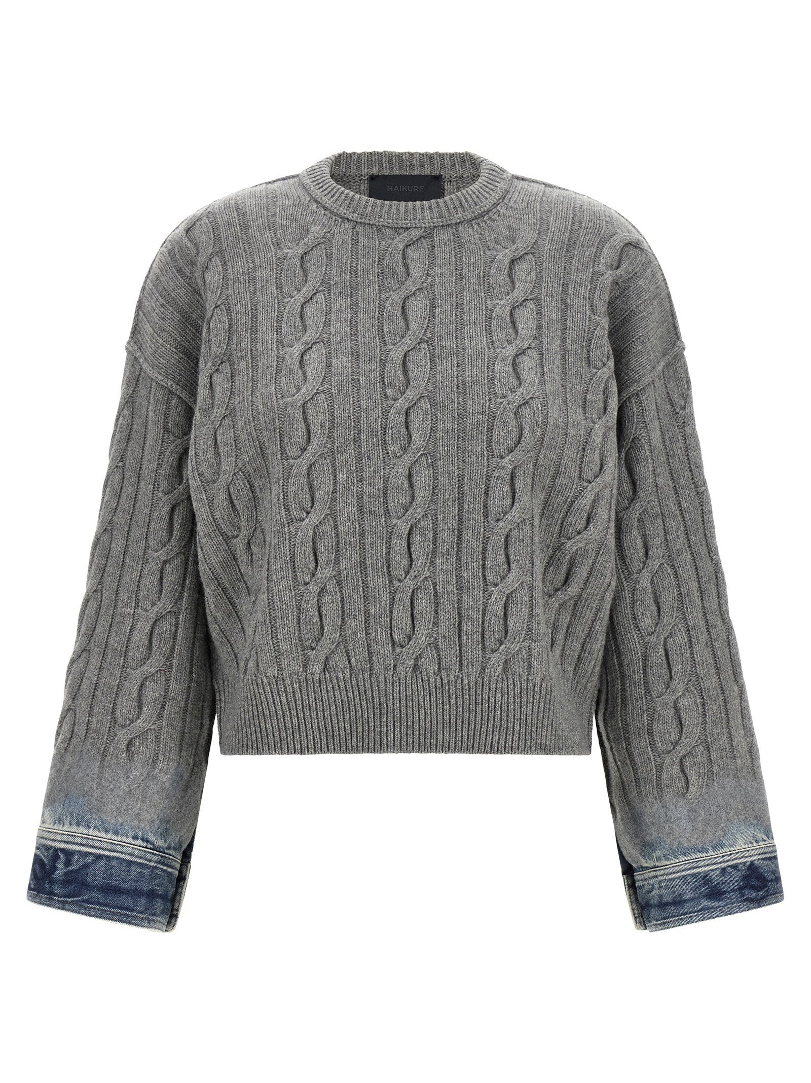 Cable-Knit Cotton with Denim Cuffs Sweater — Gray