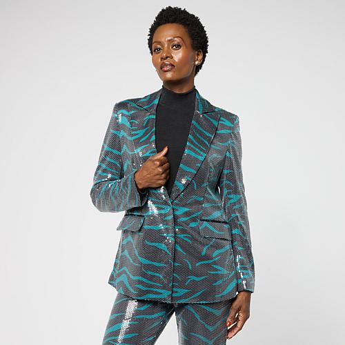 C Wonder by Christian Siriano Printed Sequin Blazer - Jade Zebra