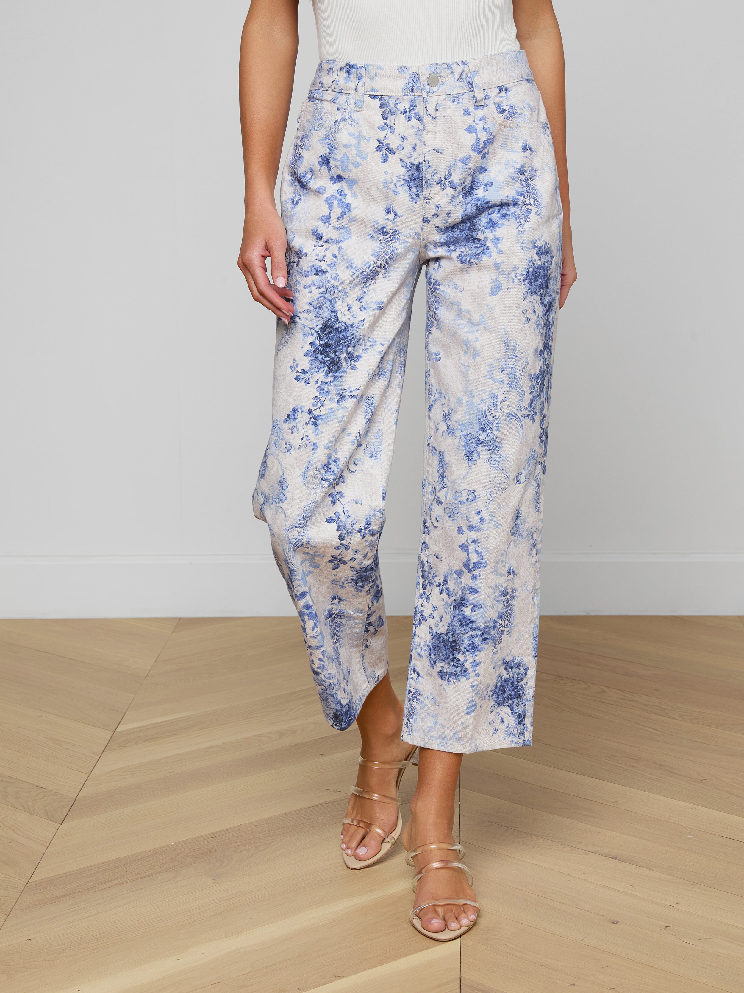 June Cropped Stovepipe Jean In Ivory/blue Watercolor Lace Paisley