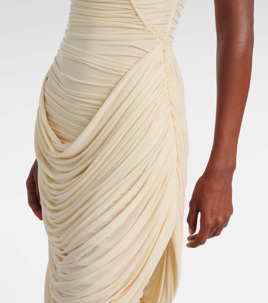 Floral-appliqué draped ruched gown