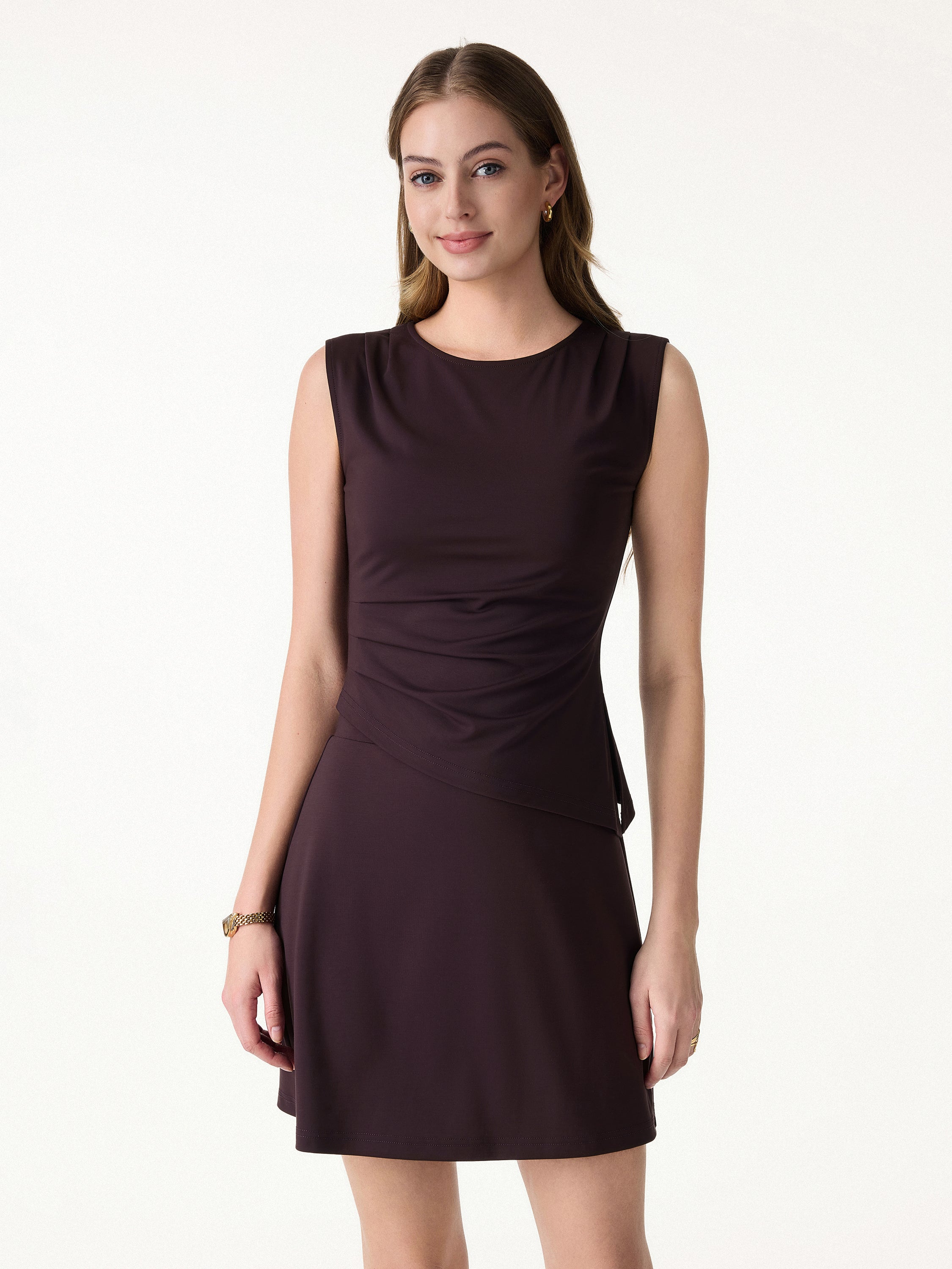 Effortless Wide Shoulder Tucked Asymmetrical Hem Sleeveless Top - Purple Gloam