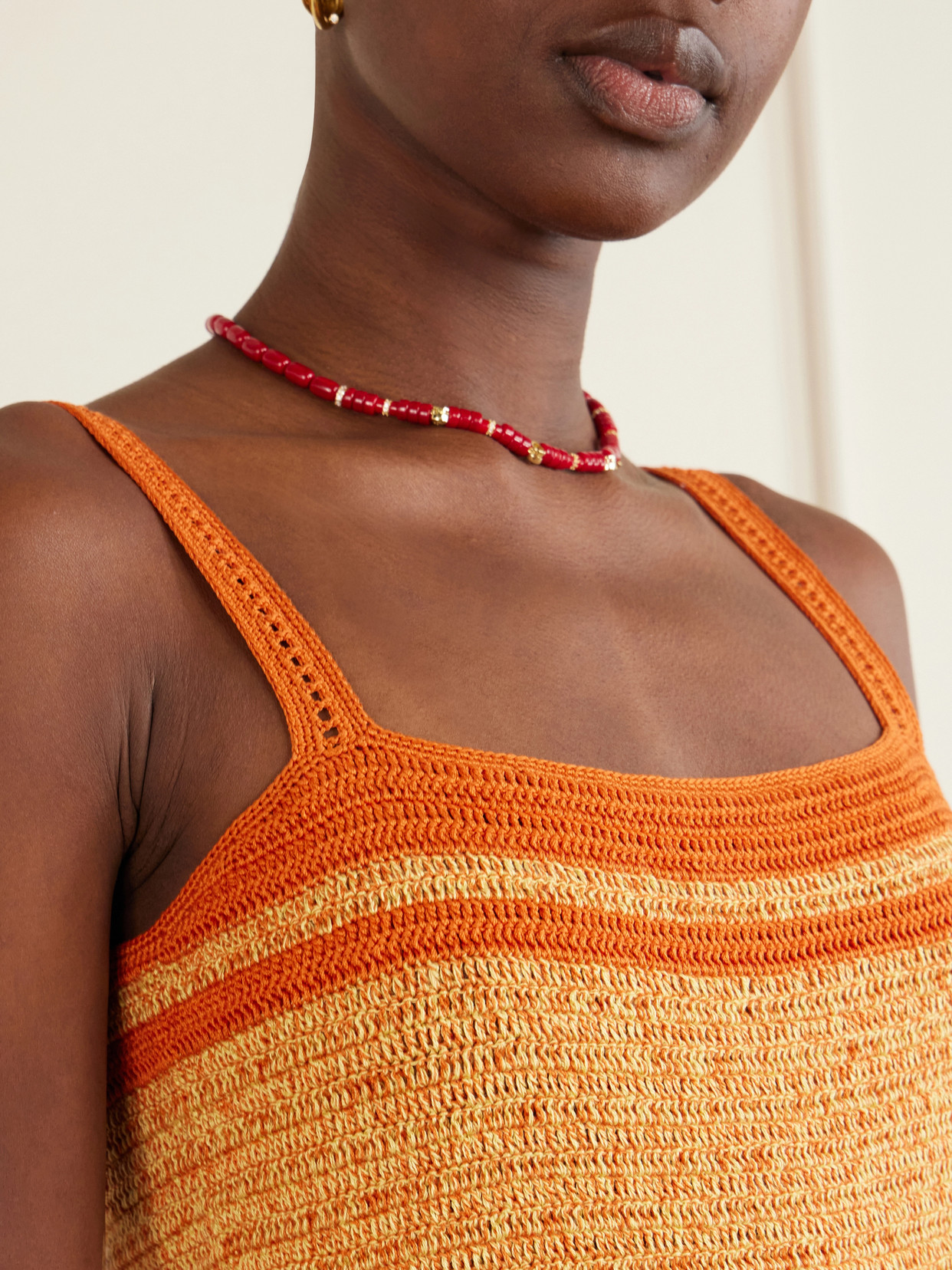 Plumar Striped Crocheted Cotton Mini Dress - Orange