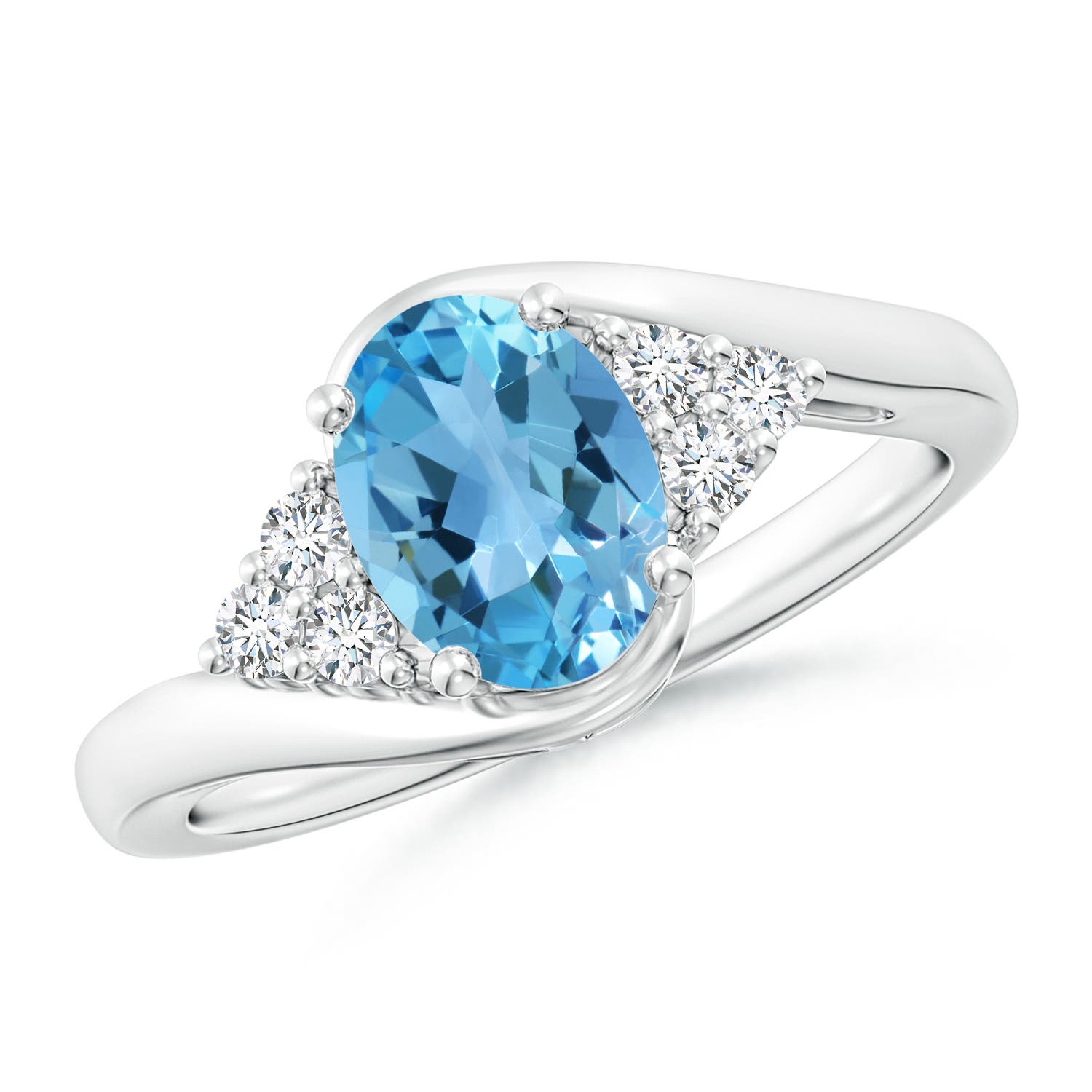 Angara 1.5 Carats Oval Swiss Blue Topaz Bypass Ring with Trio Diamond Accents in Platinum
