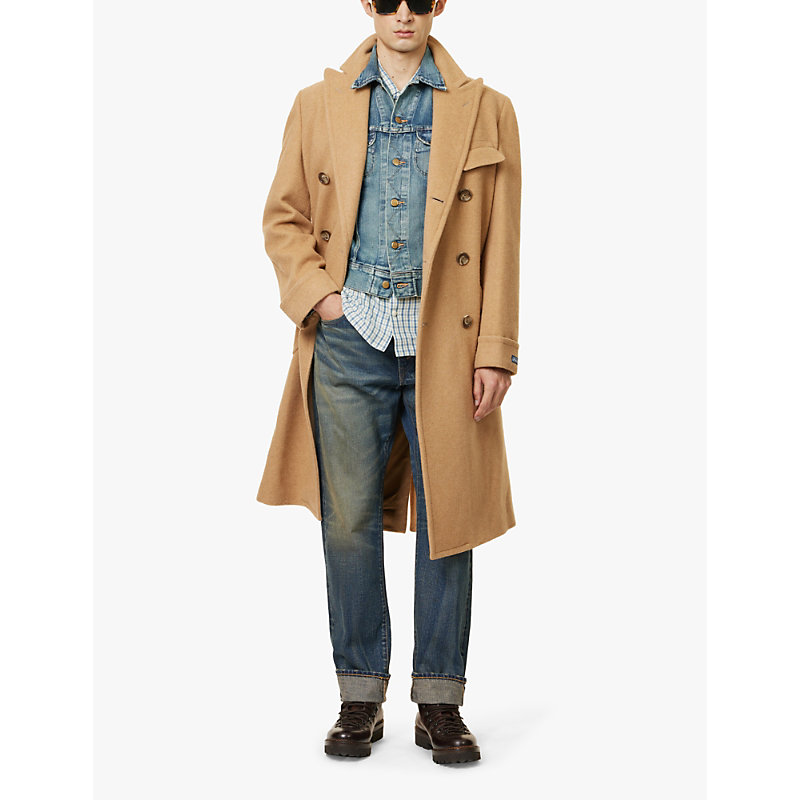 Mens Camel Double-breasted Brushed-texture Wool Coat 42r