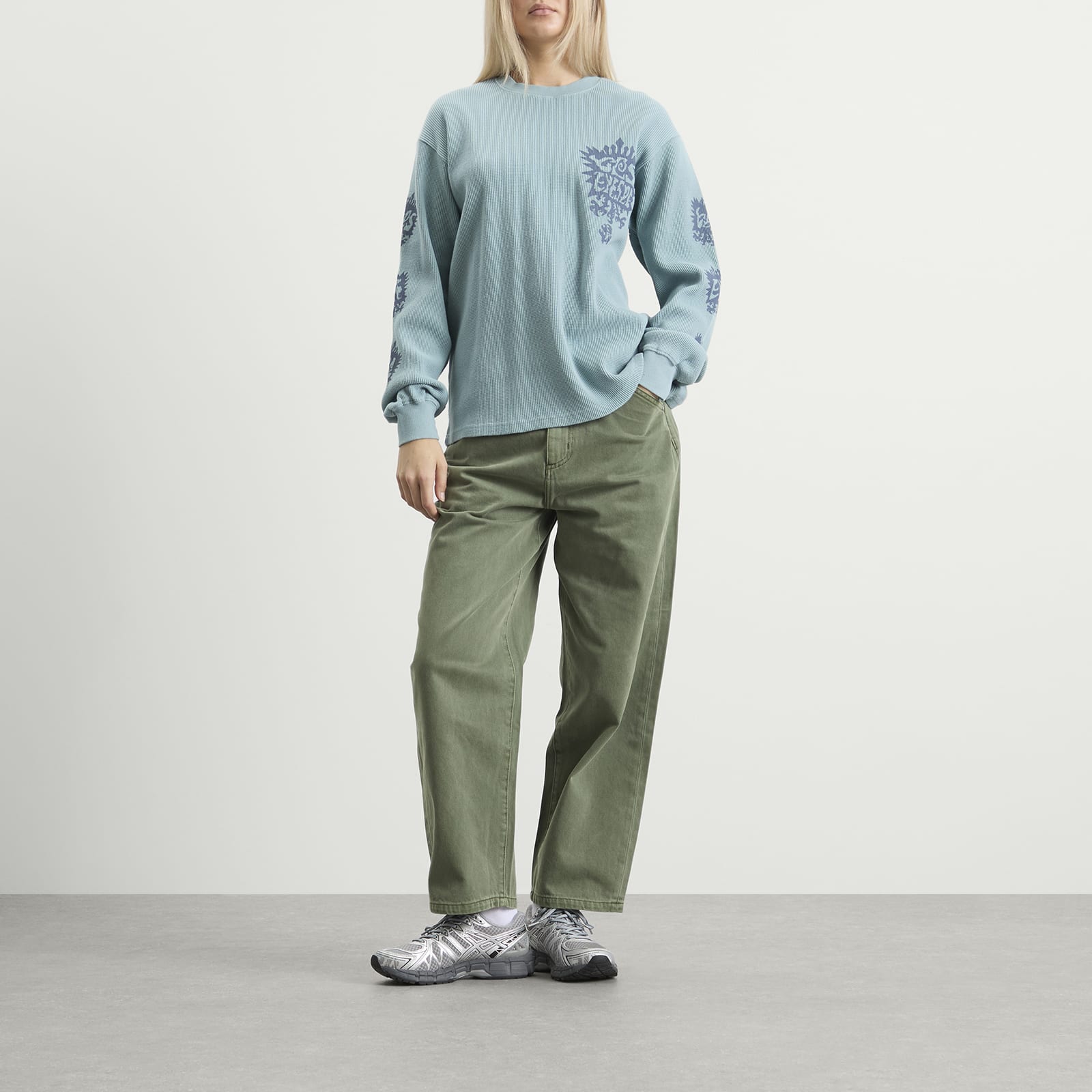 Women's Y.E.S Stamp Waffle Long Sleeve Light Blue