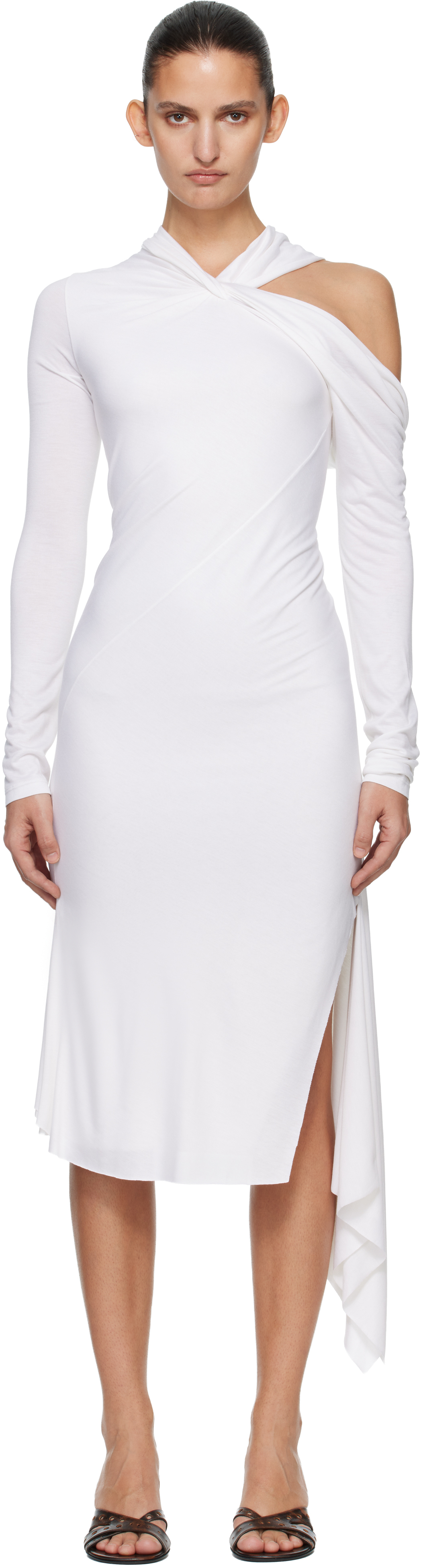 White Jersey Twist Strap Midi Dress