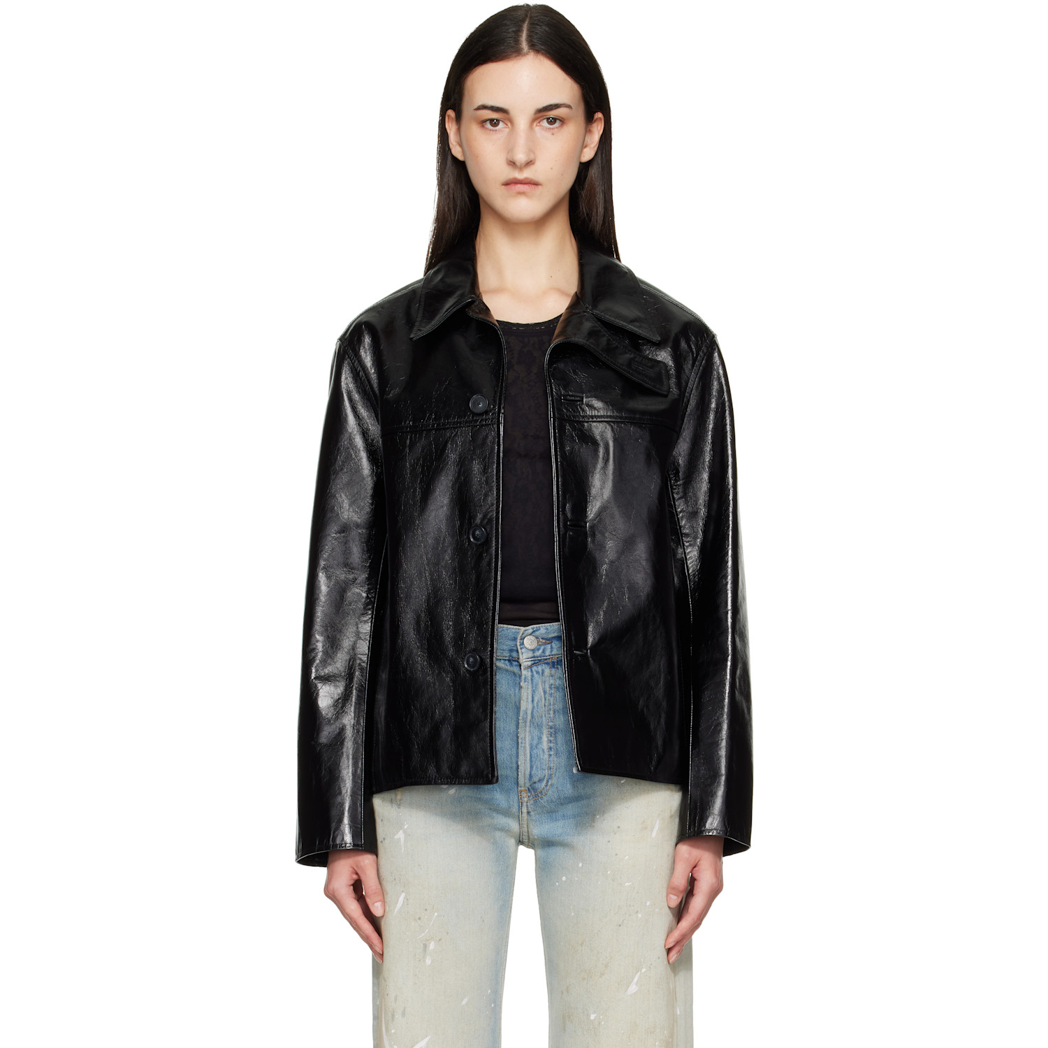Black Curve Flap Leather Jacket
