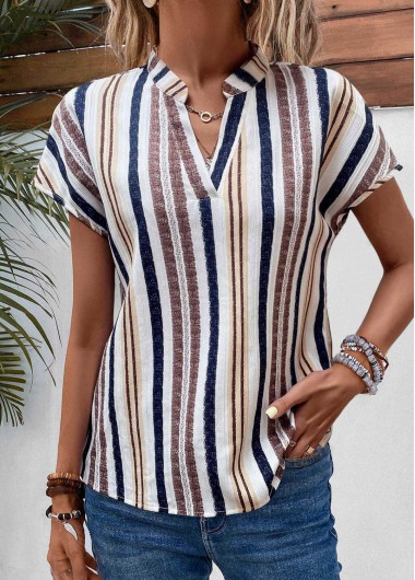 Modlily Multi Color Split Striped Short Sleeve Blouse