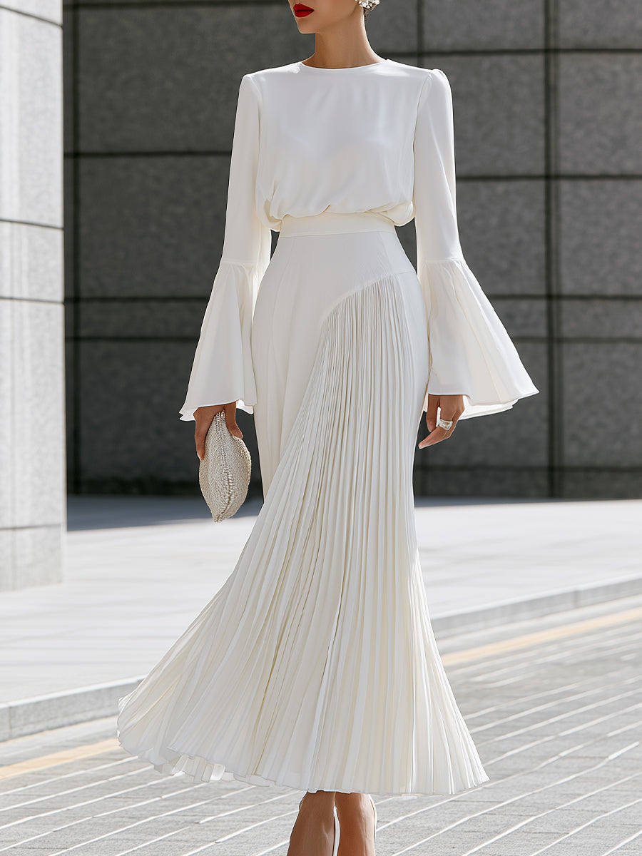 Bell-Sleeve Blouse And Pleated Maxi Skirt Set - White
