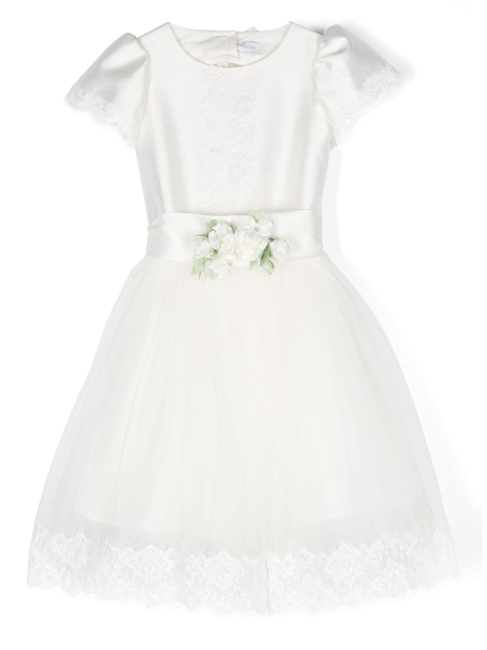 Floral-appliqué short-sleeved dress - White