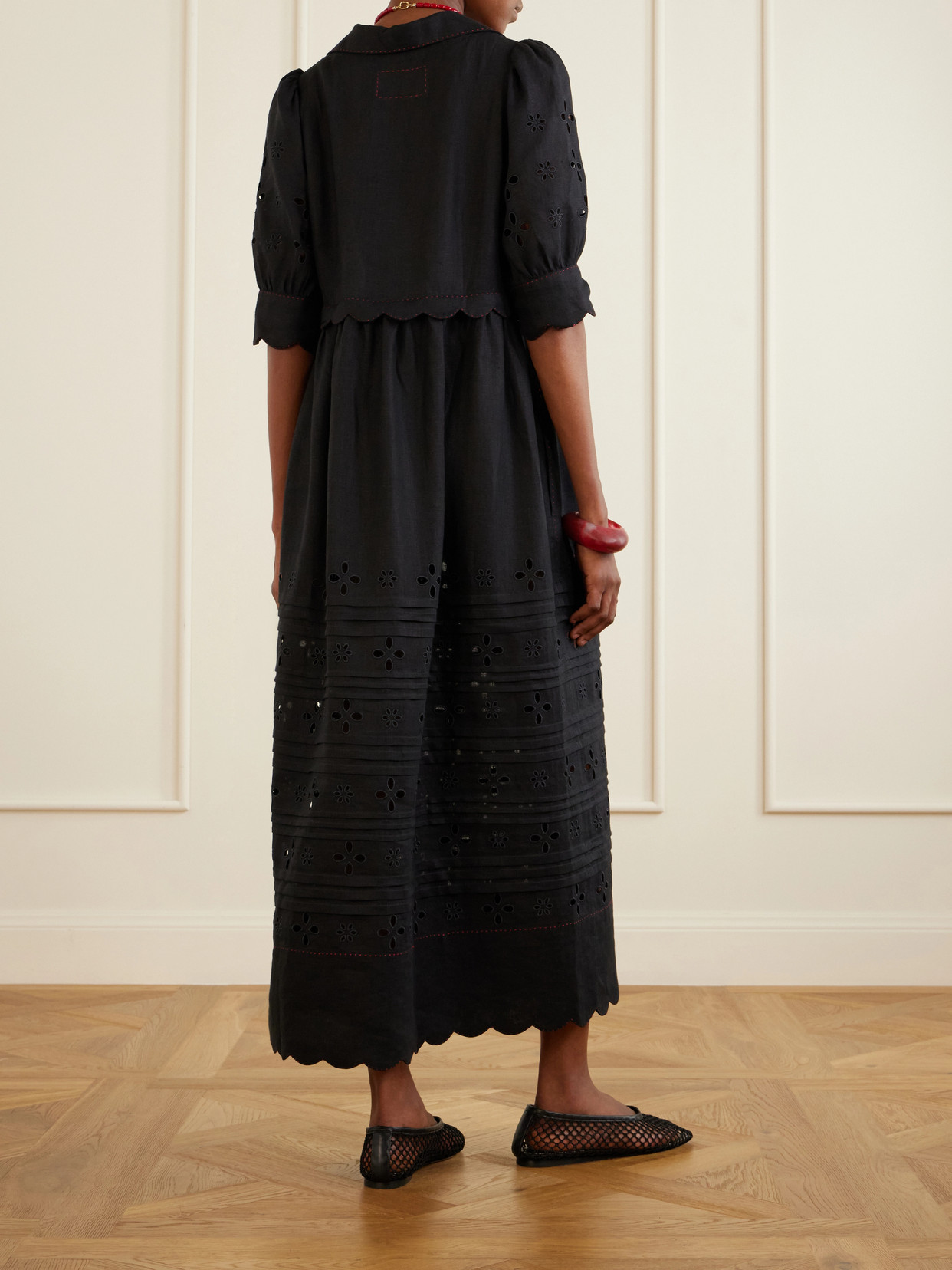 Bari Tie-detailed Broderie Anglaise-trimmed Linen Midi Dress - Black