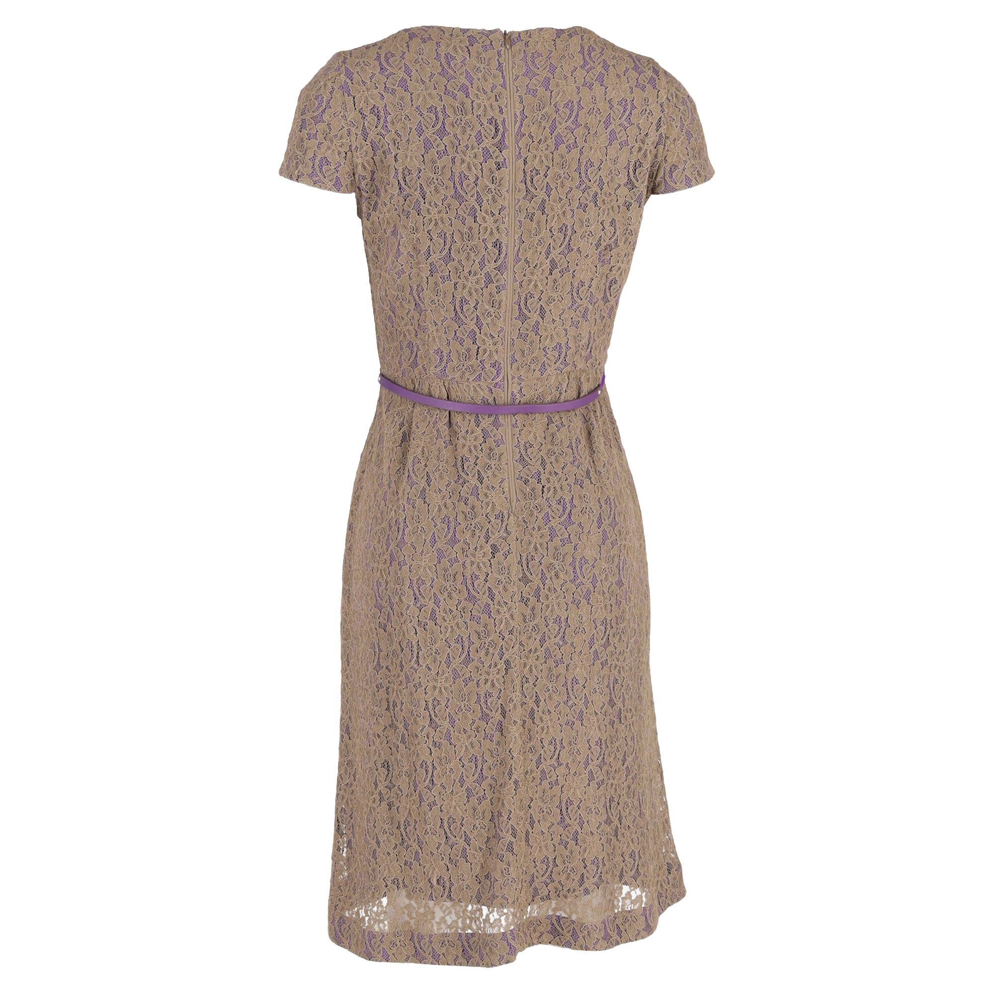 Max Mara Women's Preloved Belted Lace Midi Dress in Brown Polyester in Light Brown