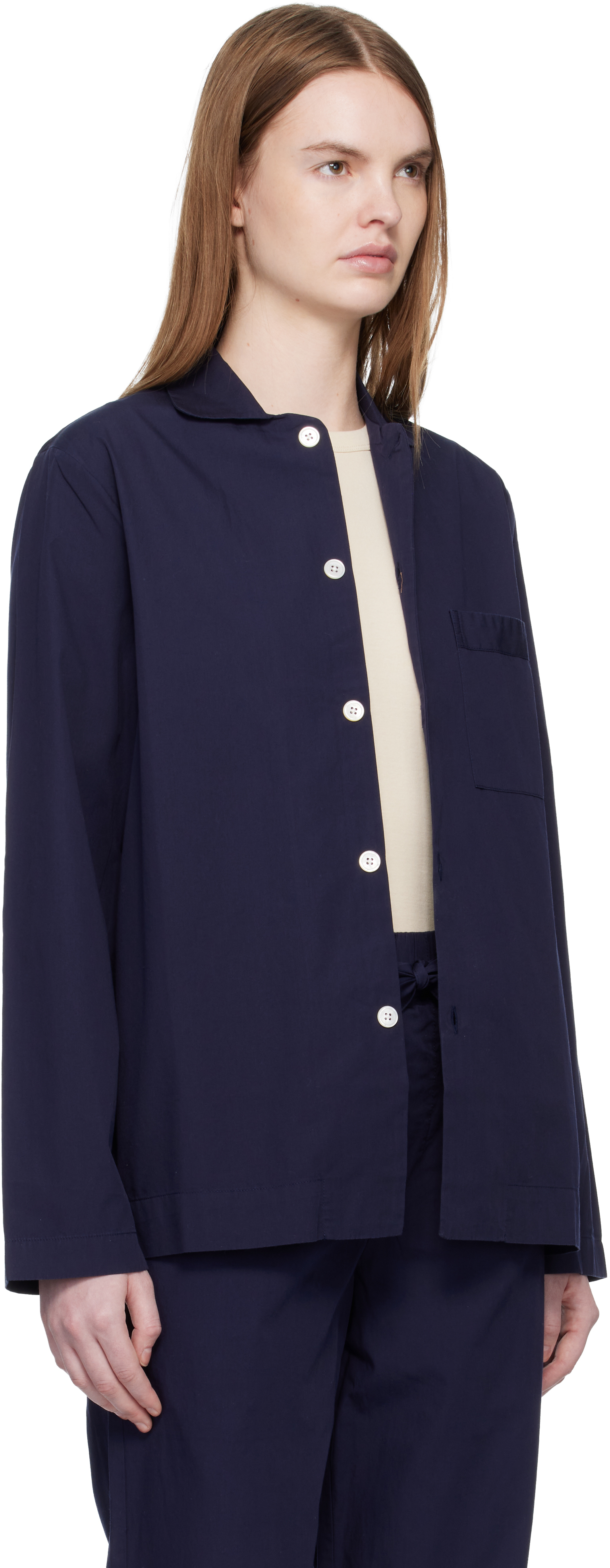 Navy Poplin Long-Sleeved Pyjama Shirt