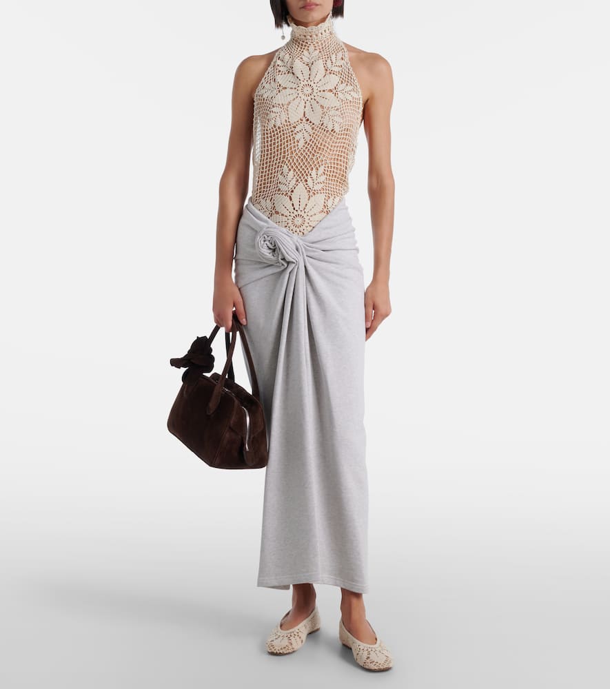 Floral-appliqué cotton midi skirt