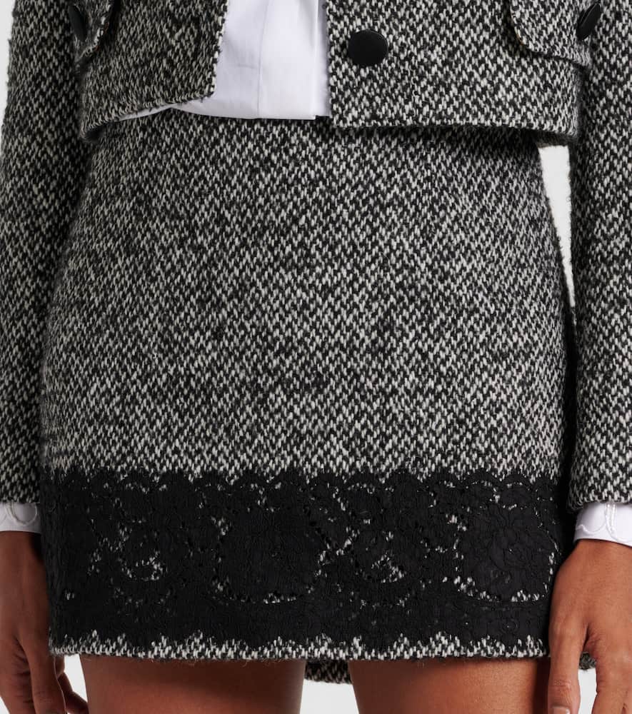 Lace-trimmed tweed miniskirt