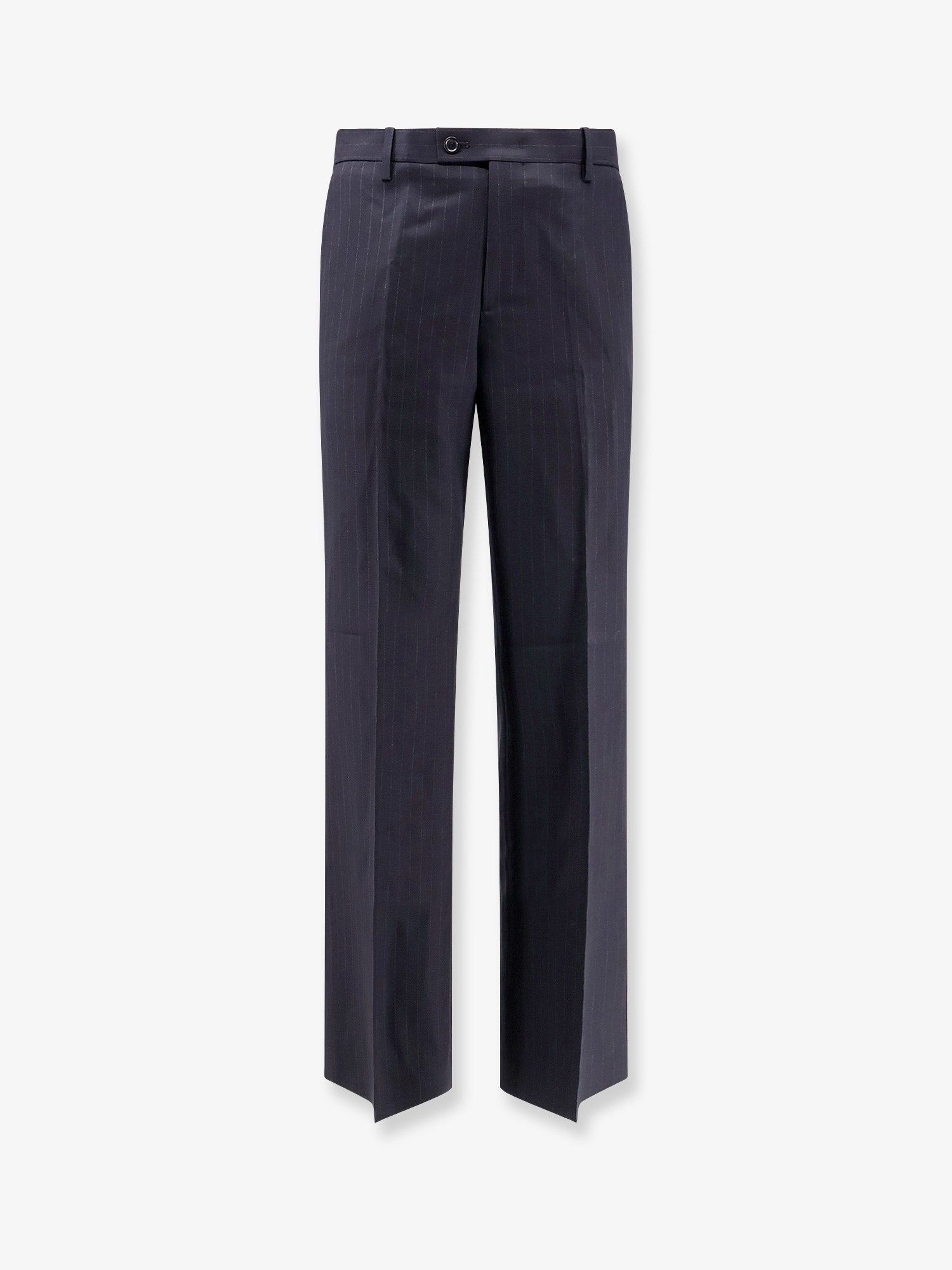 Pinstriped Wool Blend Trousers — Blue