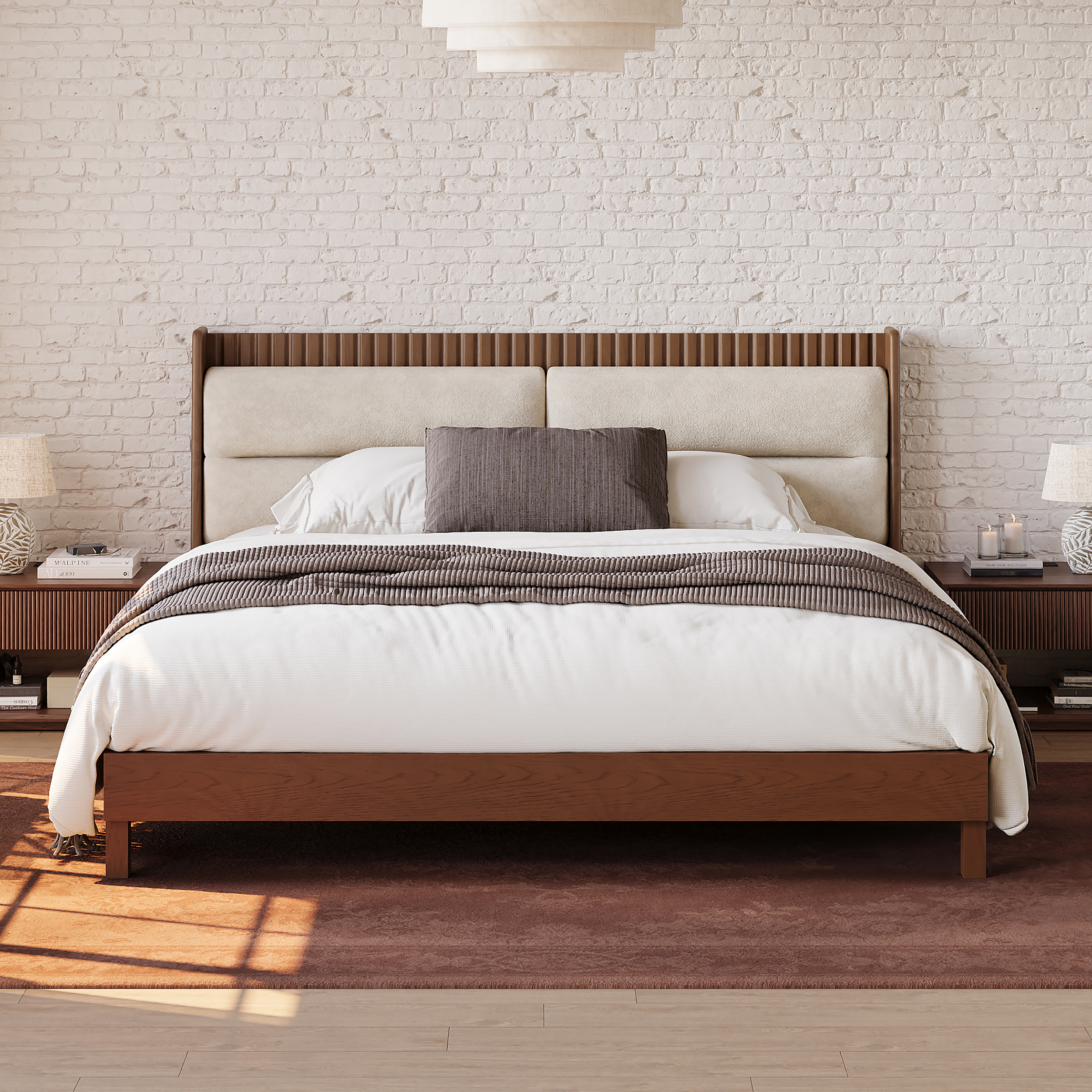 Modern Solid Wood Bed with Boucle Headboard Pillows, 180 x 200 c