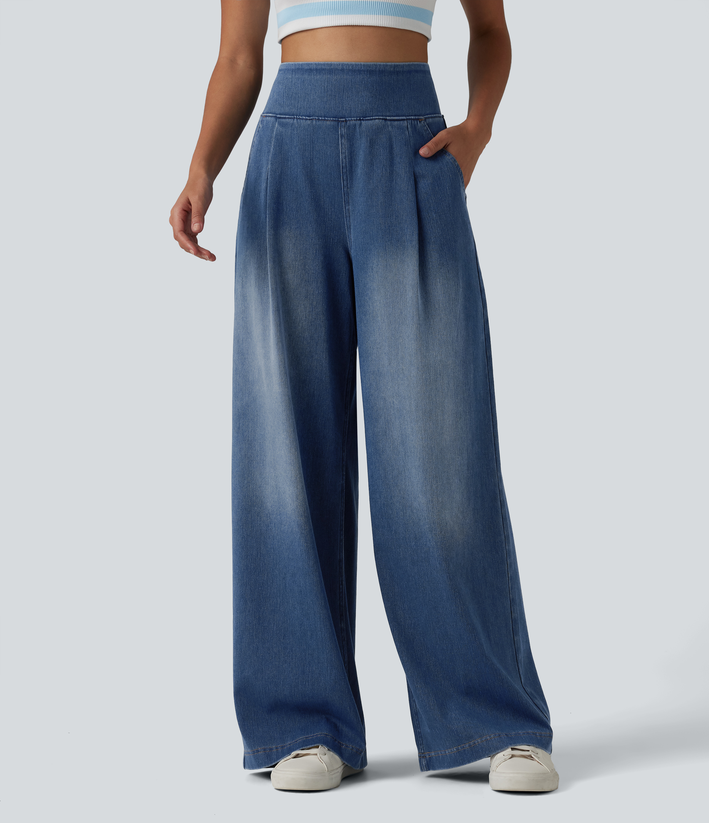 Flex™ High Waisted Wide Leg Washed Casual Jeans with Pockets  - Tide Blue Denim