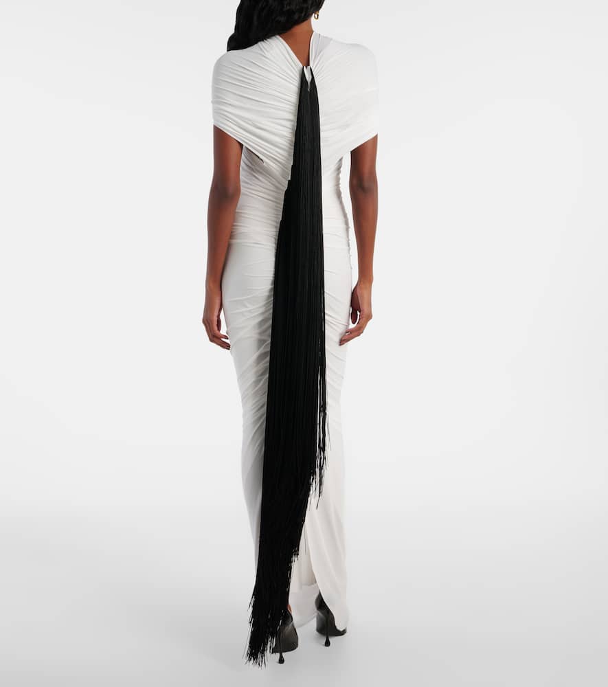 Fringed ruched jersey maxi dress