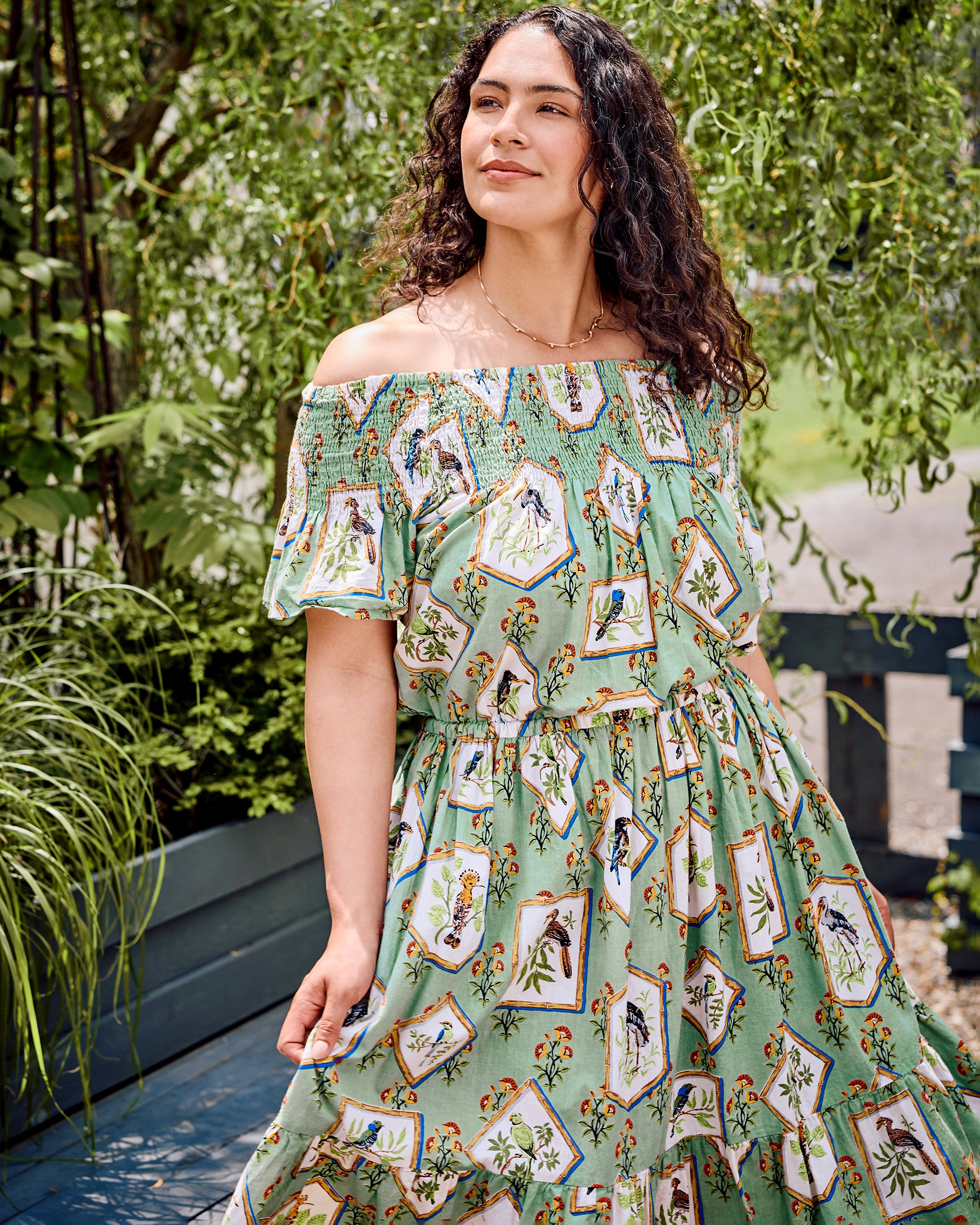 Organic Cotton Ruffled Sleeve Mini Dress in Birds Of India | Women's XS | Green