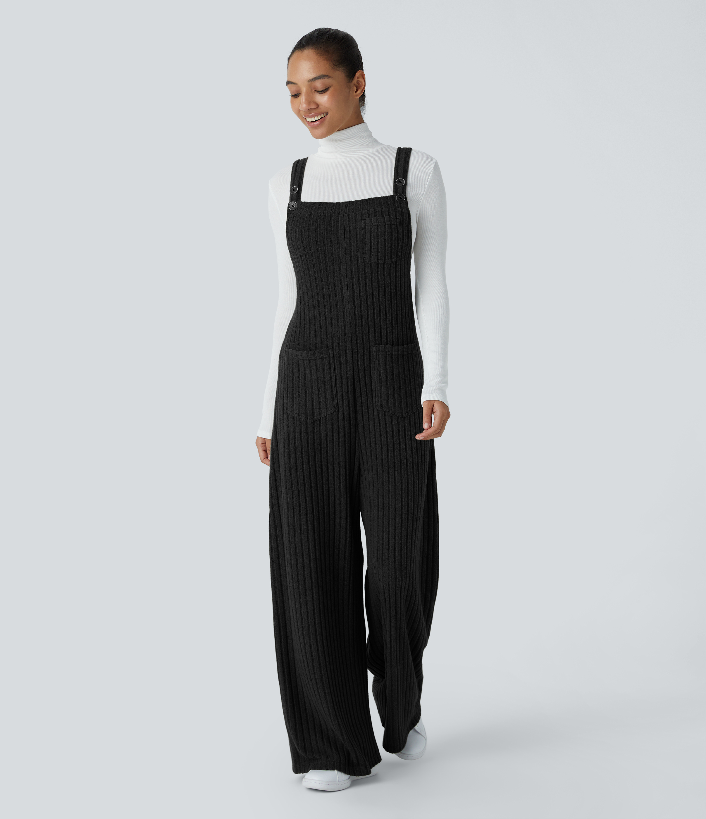Ribbed Knit Pockets Casual Overalls  - Black