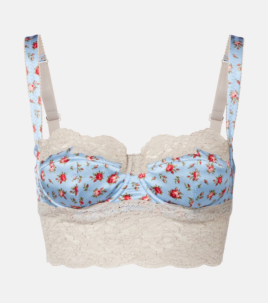 Floral lace-trimmed silk and cotton bra