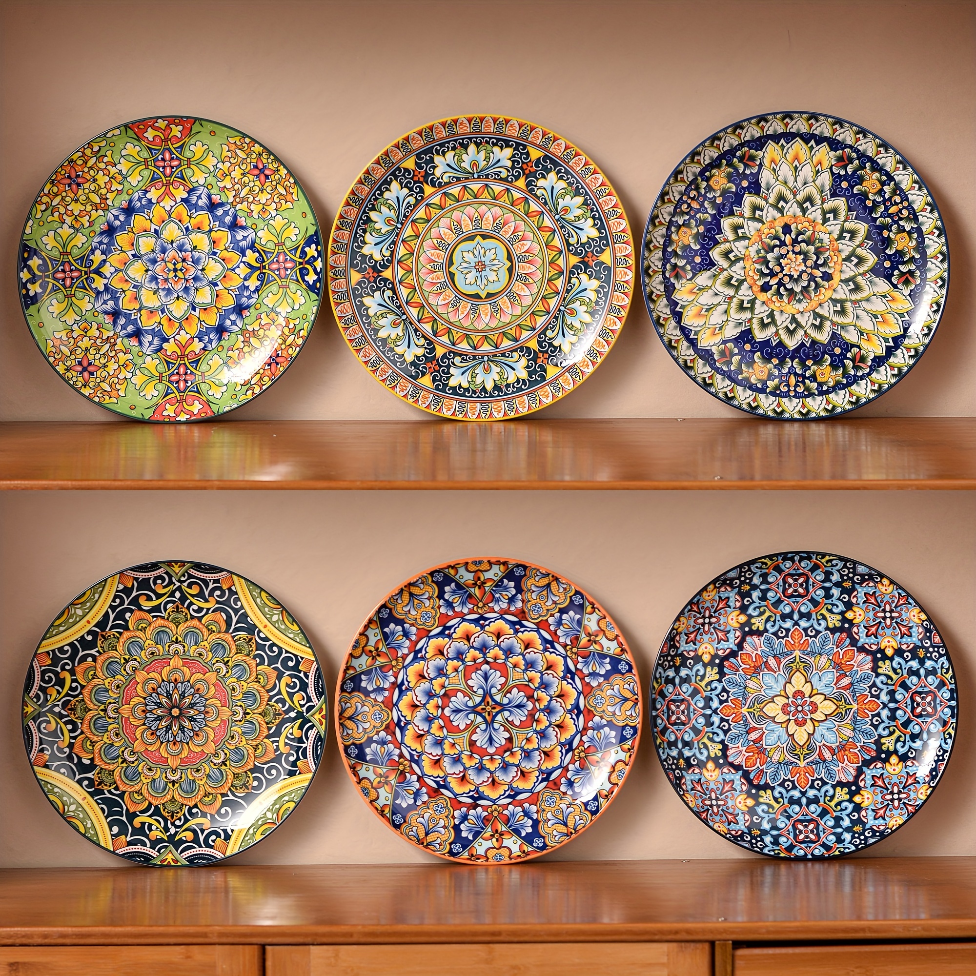 TEMU Dinner Plates Set , 10.5 Inch Ceramic Plates, Microwave, Oven And Dishwasher Safe, Colorful Bohemian Style Dishes For Kitchen, For