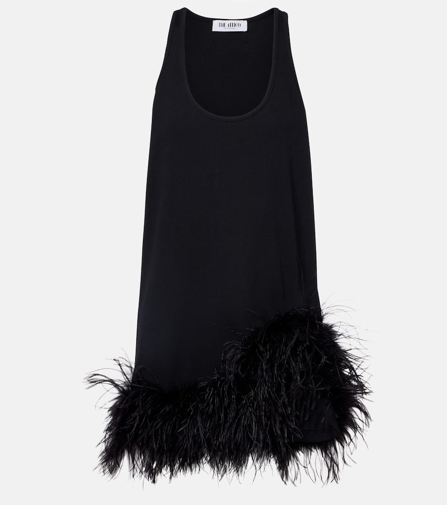Ribbed-knit feather-trimmed cotton minidress