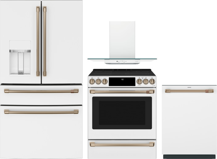Cafe 4 Piece Kitchen Appliances Package with French Door Refrigerator, Electric Range and Dishwasher in Matte White CAFRERADWRH
