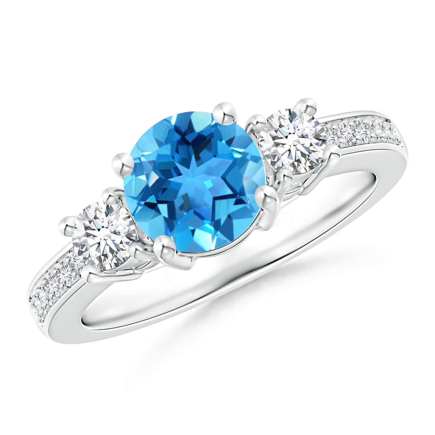 Angara 1.55 Carats Classic Three Stone Round Swiss Blue Topaz and Diamond Engagement Ring in Platinum