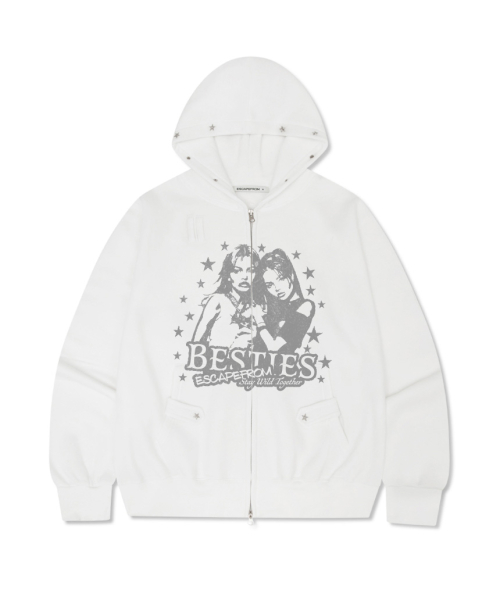Bestie ESCF Print Star Rivet Point Fleece Two-Way Hoodie Zip-Up