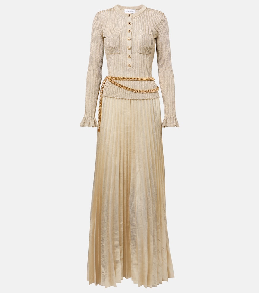 Ribbed-knit lamé plissé maxi dress