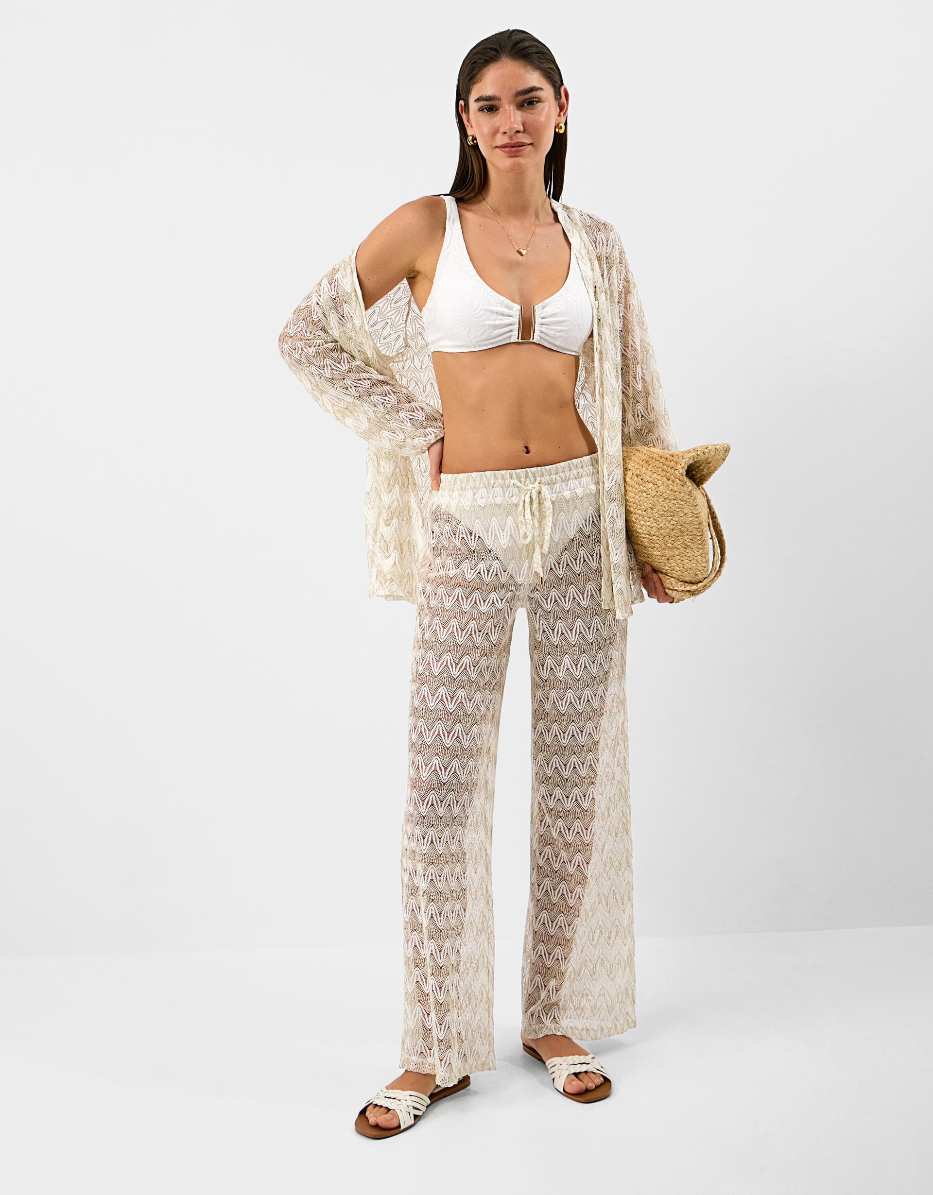Crochet Wide Leg Beach Trousers White