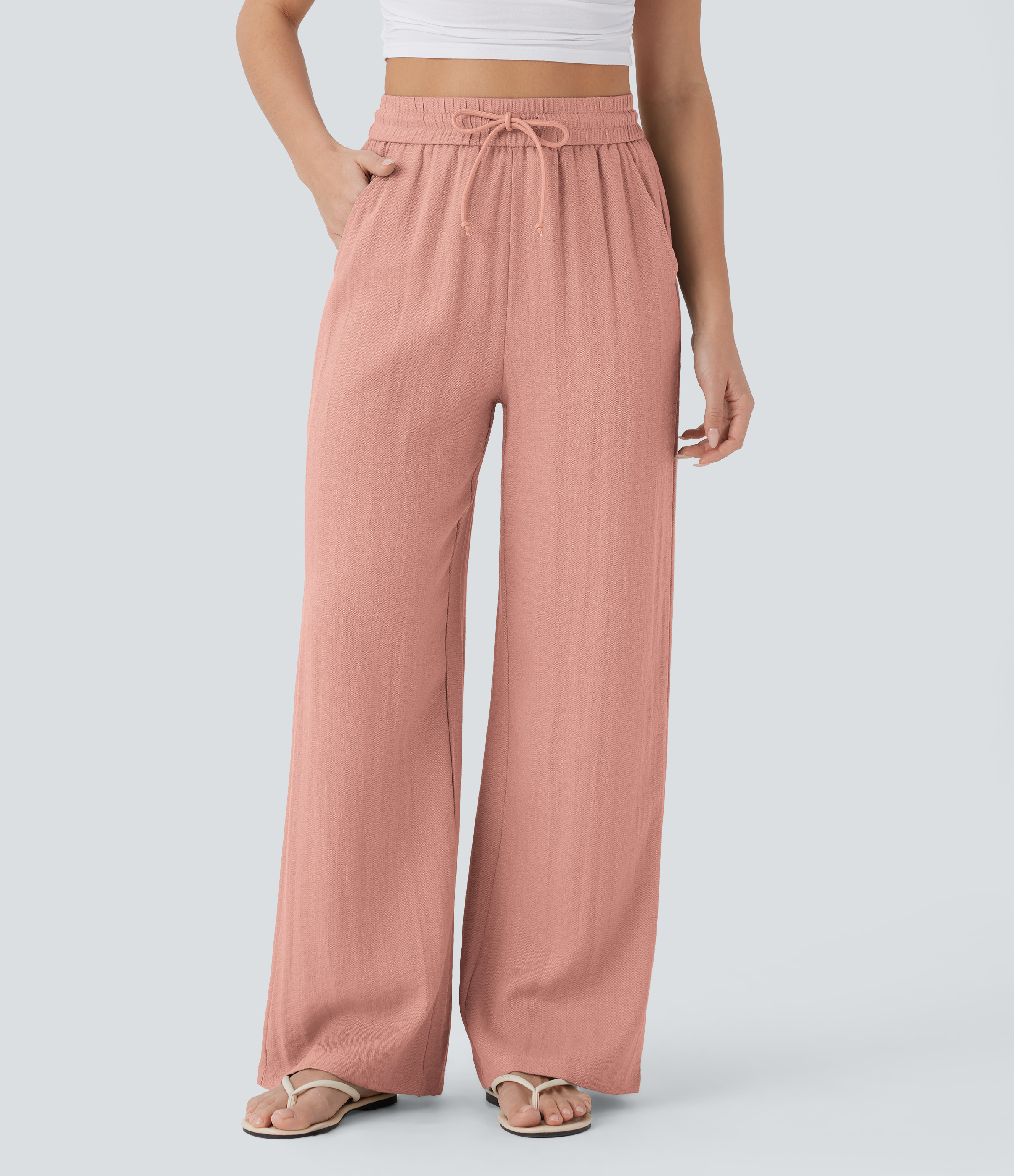 High Waisted Drawstring Pocket Wide Leg Casual Linen-Feel Pants  - Grapefruit Orange