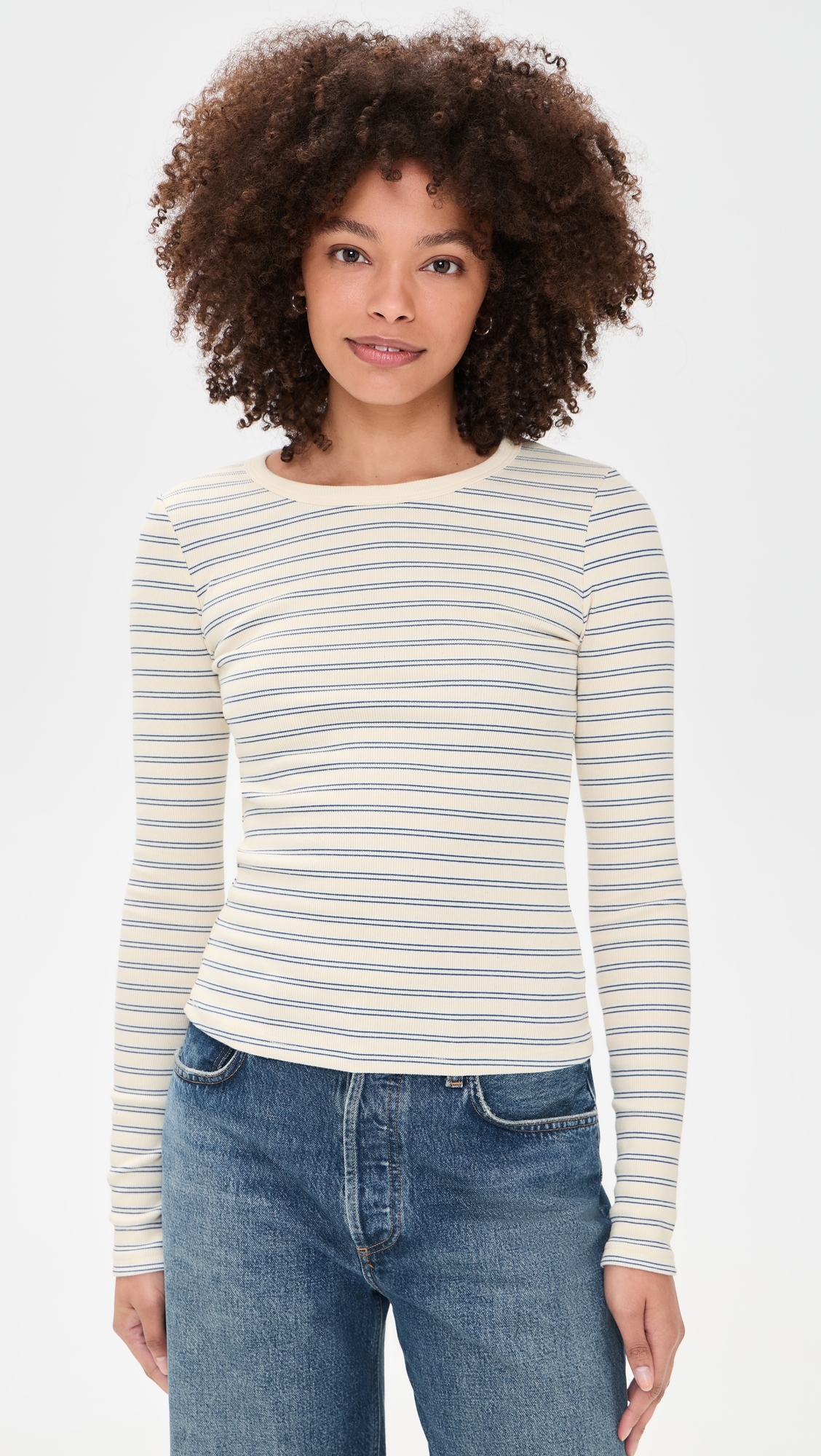 Long Sleeve Ribbed Crewneck Double Stripe Blue