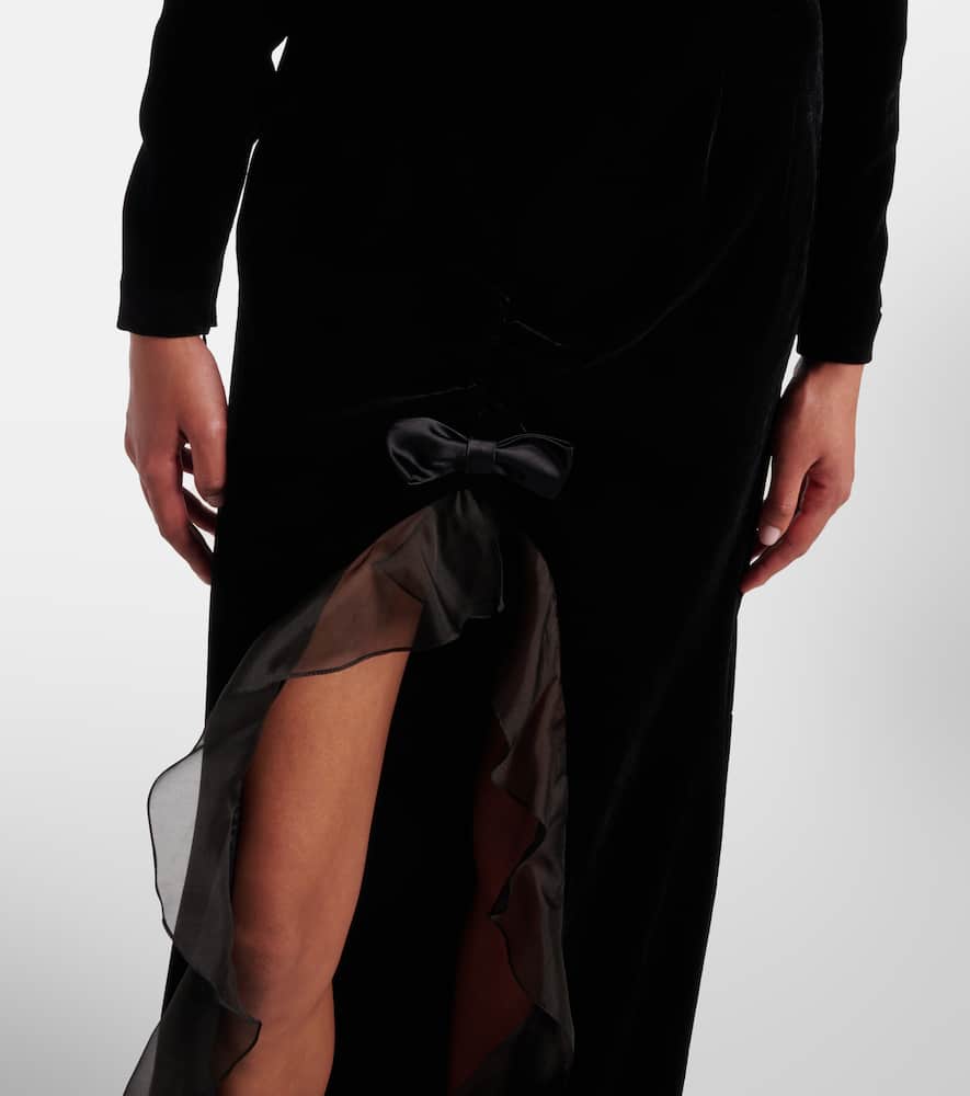 Ruched silk-trimmed asymmetric velvet gown
