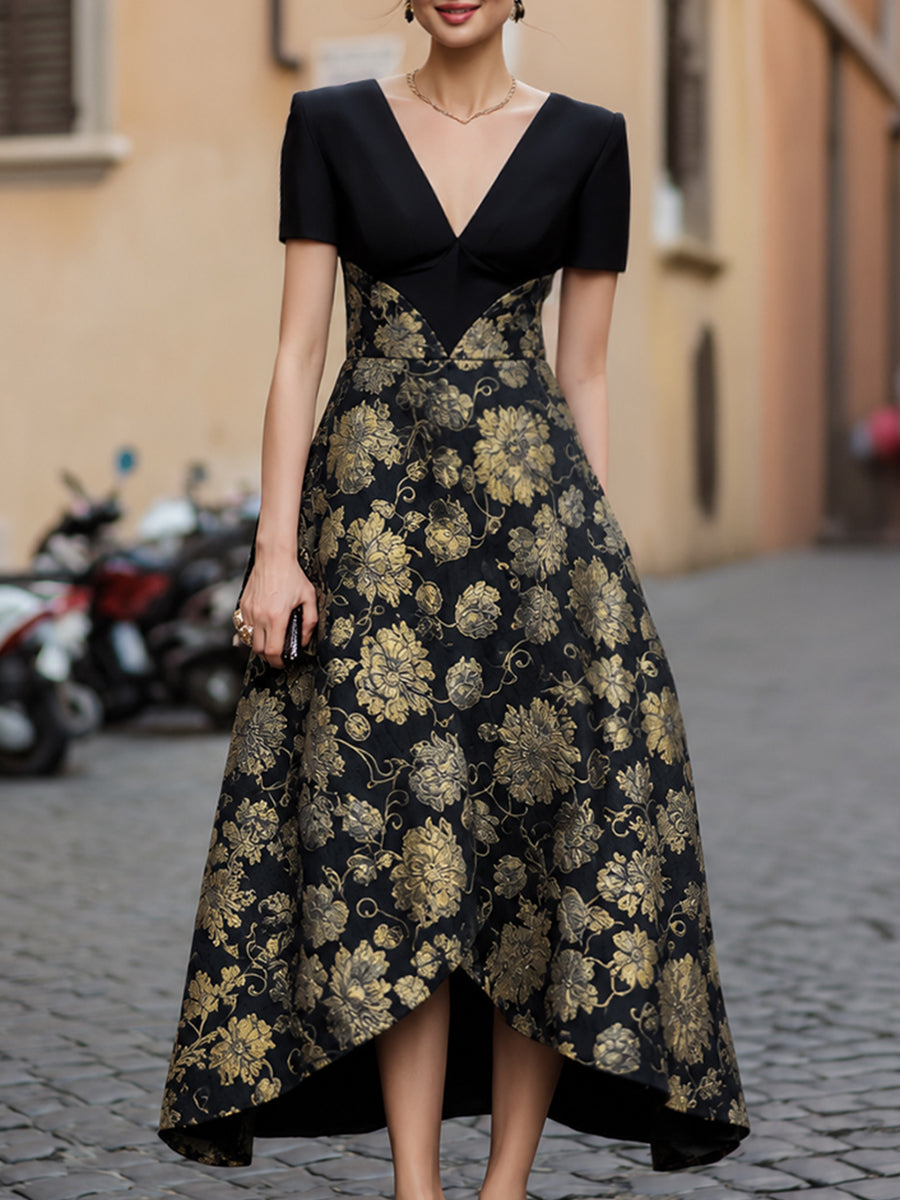 Floral Jacquard V-Neck High-Low Evening Dress - Black