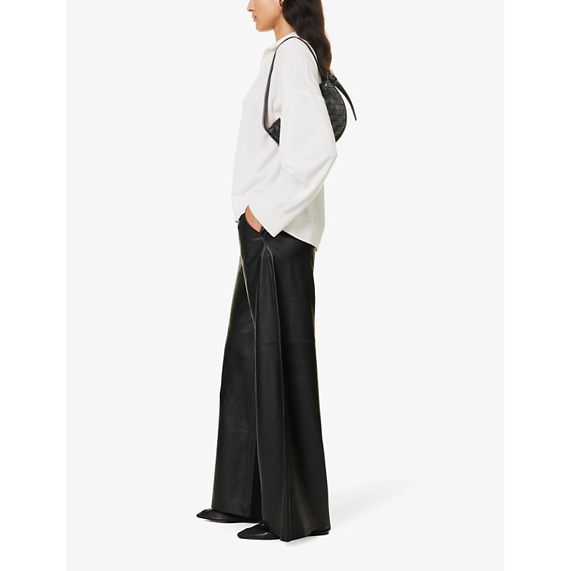 Womens Black Mid-rise Wide-leg Leather Trousers
