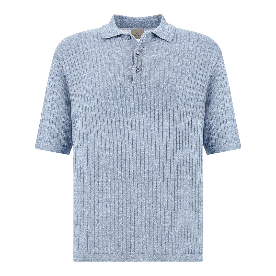 Polo shirt in linen and cotton Urukai, Man, Bright White - Blue Bonnet